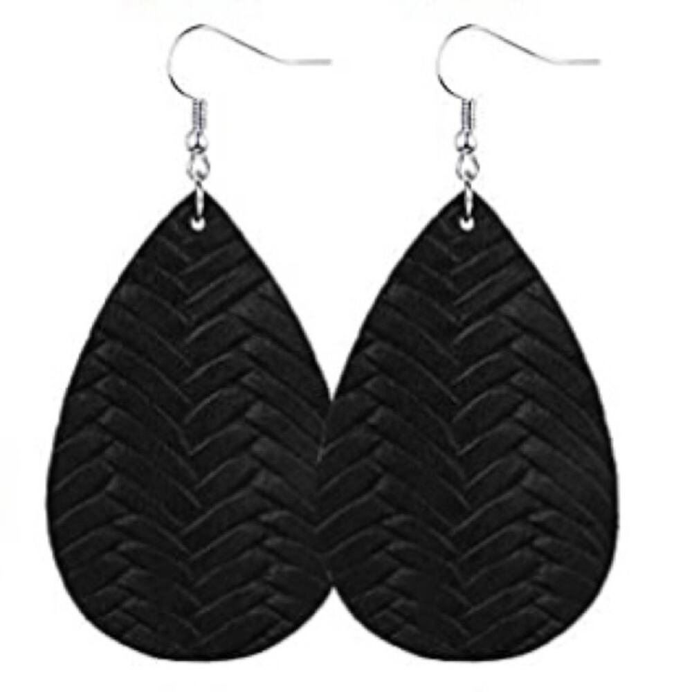 New Boutique Lightweight Braided Faux Leather Black Teardrop Hook Earrings